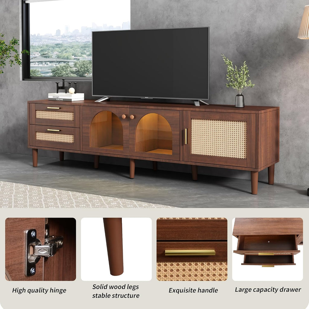 Merax Rattan TV Stand with LED Lights, 70' Entertainment Center with 3 Cabinets & 2 Drawers Media Console Table for TVs Up to 80', Solid Wood Feet, Living Room, Bedroom Furniture