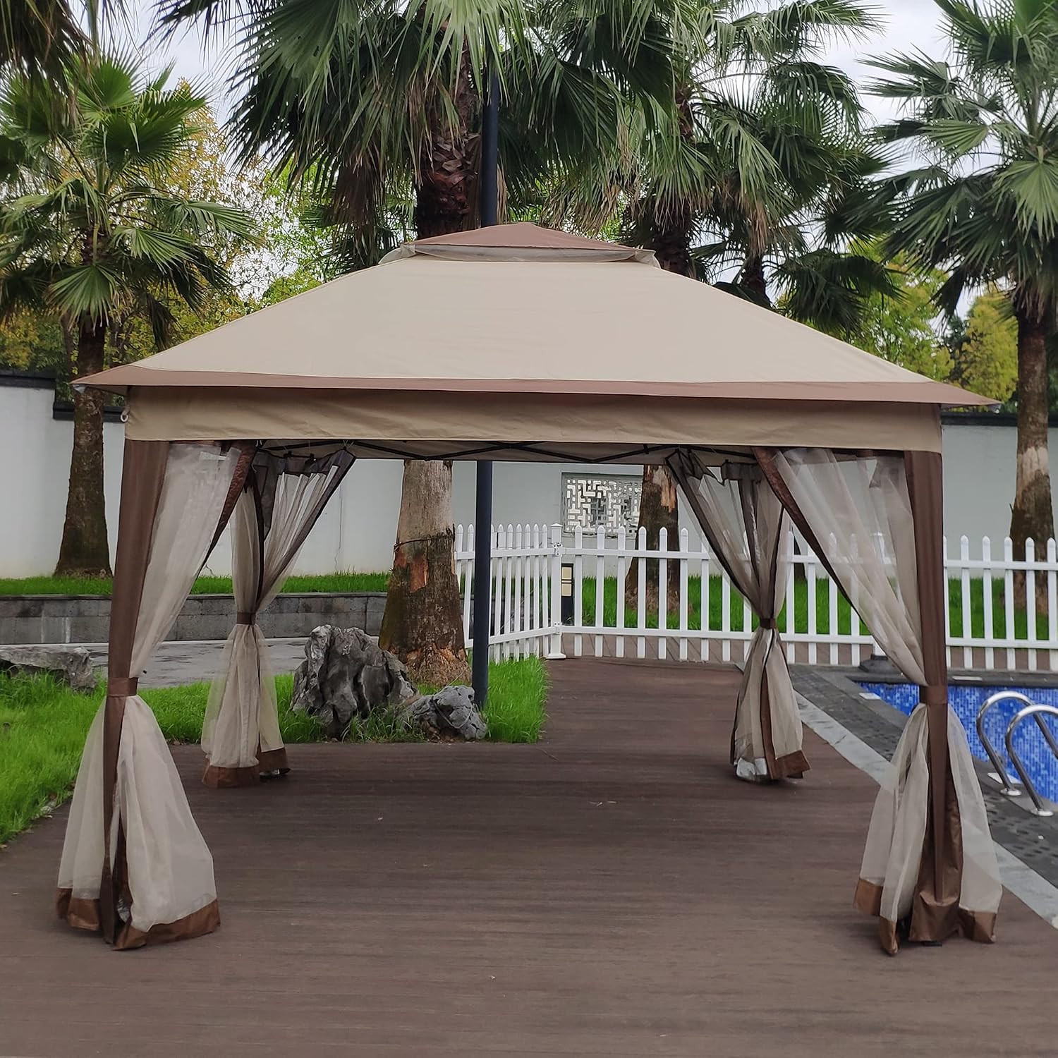 11x11 Ft Pop Up Gazebo with Removable Zipper Netting, Outdoor Gazebo Tent with Double Roof & Height Adjustable Leg, Easy Up Canopy Tent with Carry Bag for Backyard, Deck, Patio Shade (Beige)