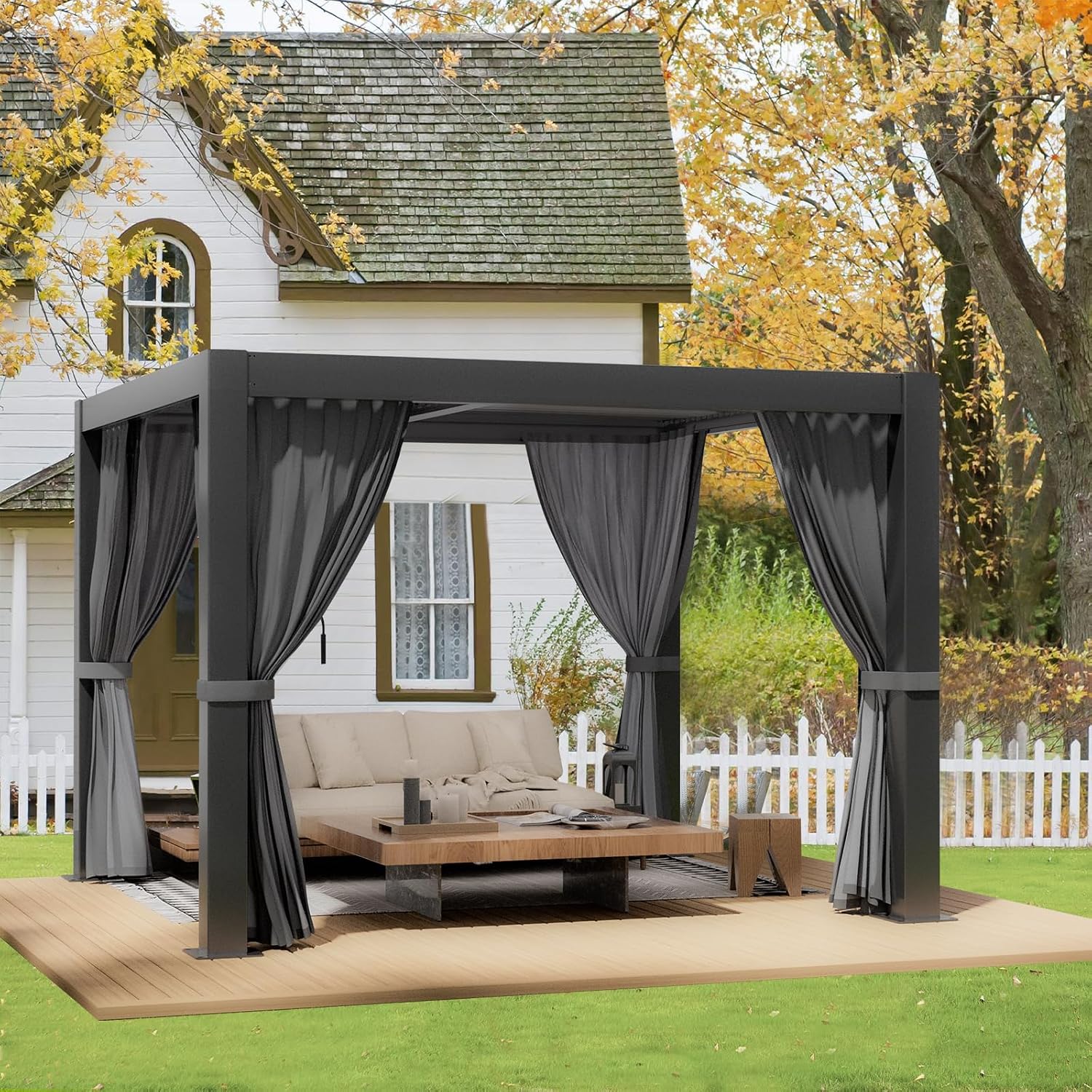 LVUYOYO Louvered Pergola 10' x 10', Outdoor Pergola with Adjustable Roof, Patio Aluminum Frame Metal Gazebo with Curtains and Netting for Patio, Backyard, Garden, Deck (Black)