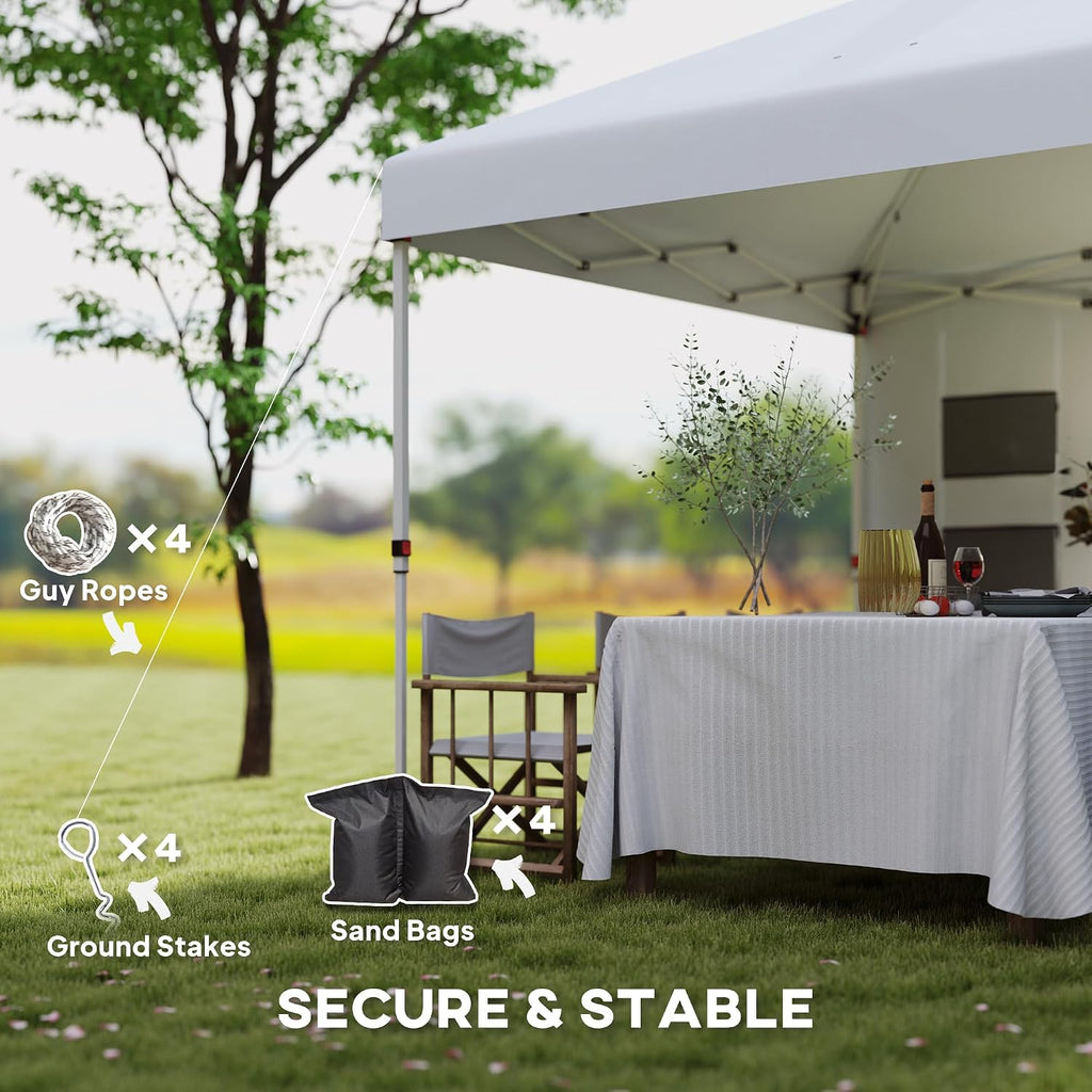 Outsunny 10' x 10' Pop Up Canopy Tent with Sidewall, UPF50+ Instant Sun Shelter with Storage Pockets, Vented Roof for Parties, Height Adjustable, Carry Bag, Sand Bags for Outdoor Patio, White