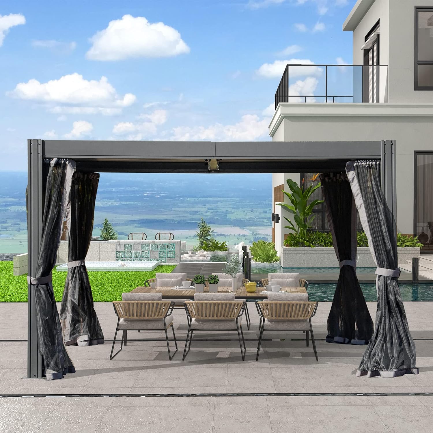 Domi 10' x 13' Louvered Pergola with Adjustable Rainproof Roof, Outdoor Aluminum Frame Hardtop Gazebo for Backyard, Garden and Lawn w/Netting (Dark Gray)