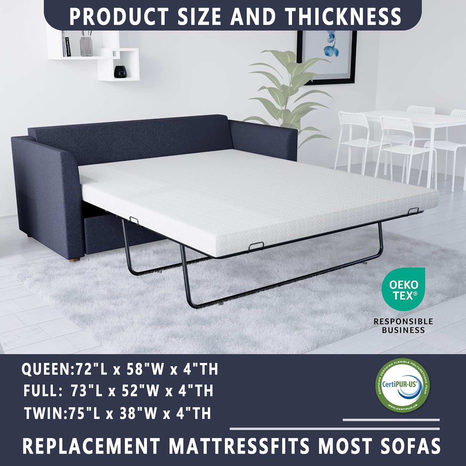4 Inch Memory Foam Replacement Mattress for Sleeper Sofa and Couch Beds,Queen Size,CertiPUR-US Certified,Washable Cover(Sofa Not Included) Generic Dimensions