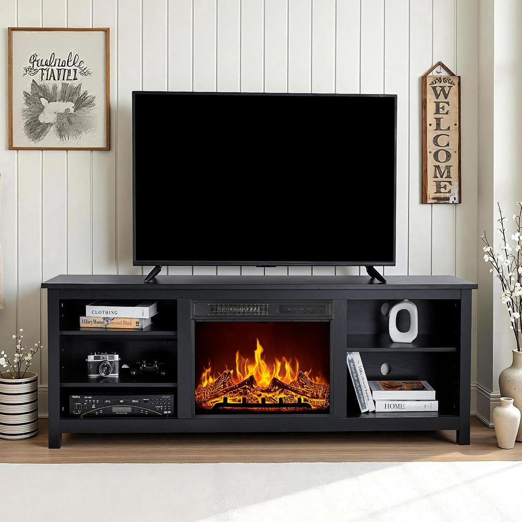 AMERLIFE Fireplace TV Stand, Wood Texture Entertainment Center with 23'' Electric Fireplace, Farmhouse Entertainment Stand Media TV Console for TVs Up to 80'', 70 inches, Black