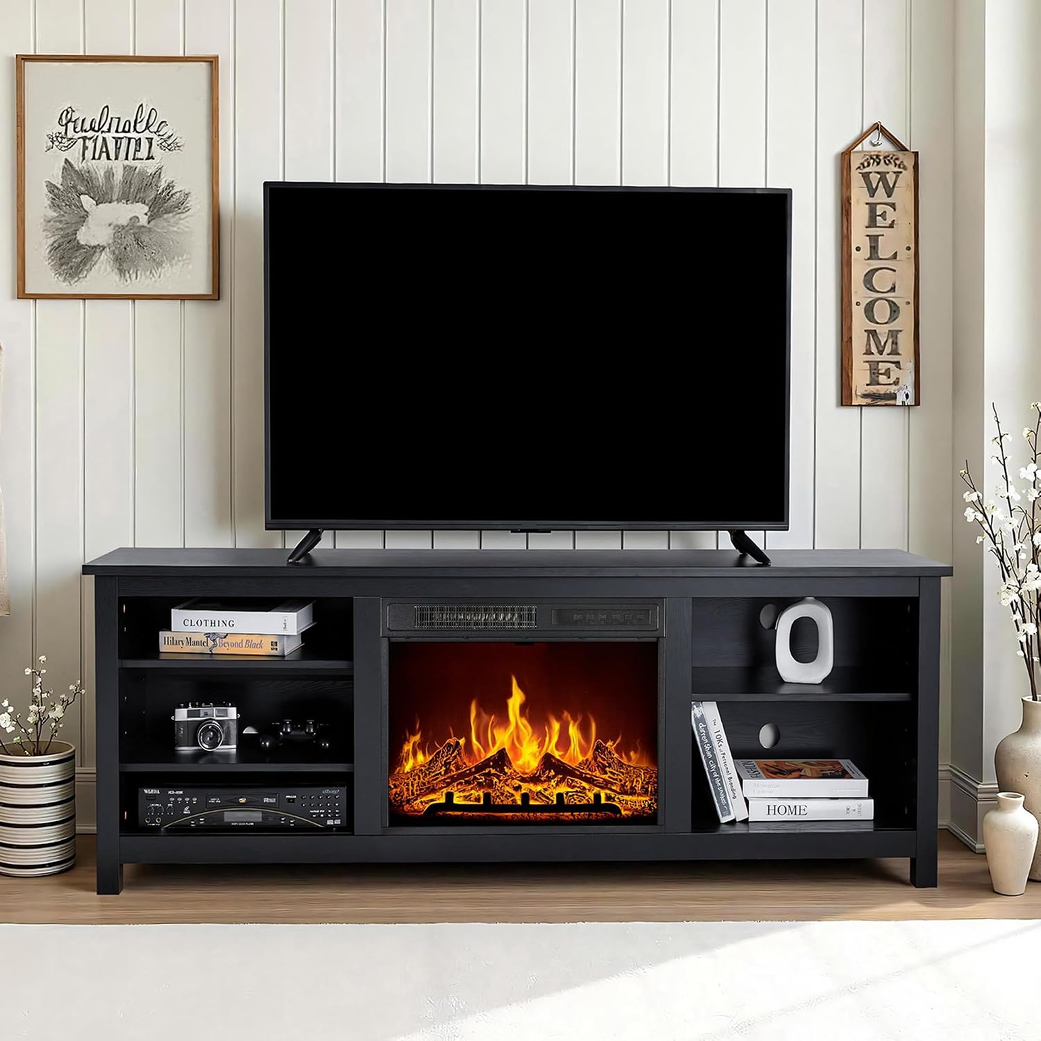 AMERLIFE Fireplace TV Stand, Wood Texture Entertainment Center with 23'' Electric Fireplace, Farmhouse Entertainment Stand Media TV Console for TVs Up to 80'', 70 inches, Black