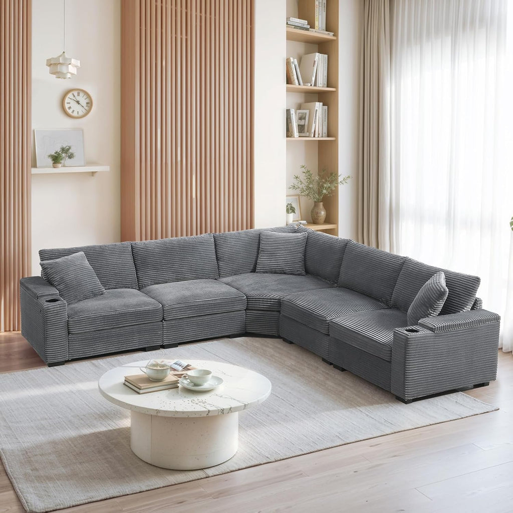 106'' Modular Sectional Sofa Couch, 5-Seater Oversized L-Shaped Corner Couch Set with USB Charger, Armrest Storage and Cup Holders, Corduroy Sectional Couches for Living Room (Gray)