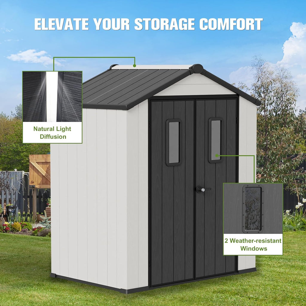 COOS BAY 6x4 Outdoor Storage Shed with Floor, Lockable Doors, All-Weather Resin Garden Tool Shed, White/Gray
