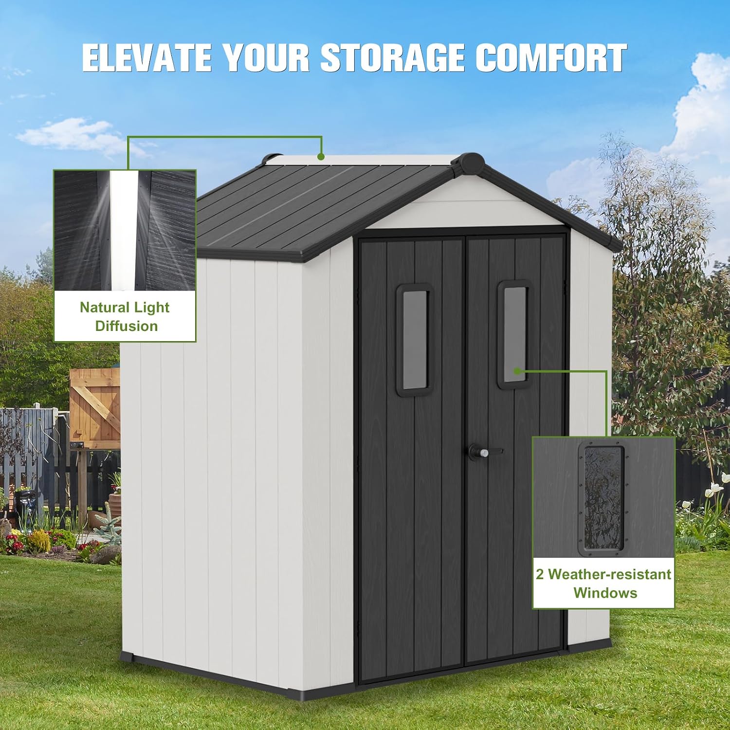 COOS BAY 6x4 Outdoor Storage Shed with Floor, Lockable Doors, All-Weather Resin Garden Tool Shed, White/Gray