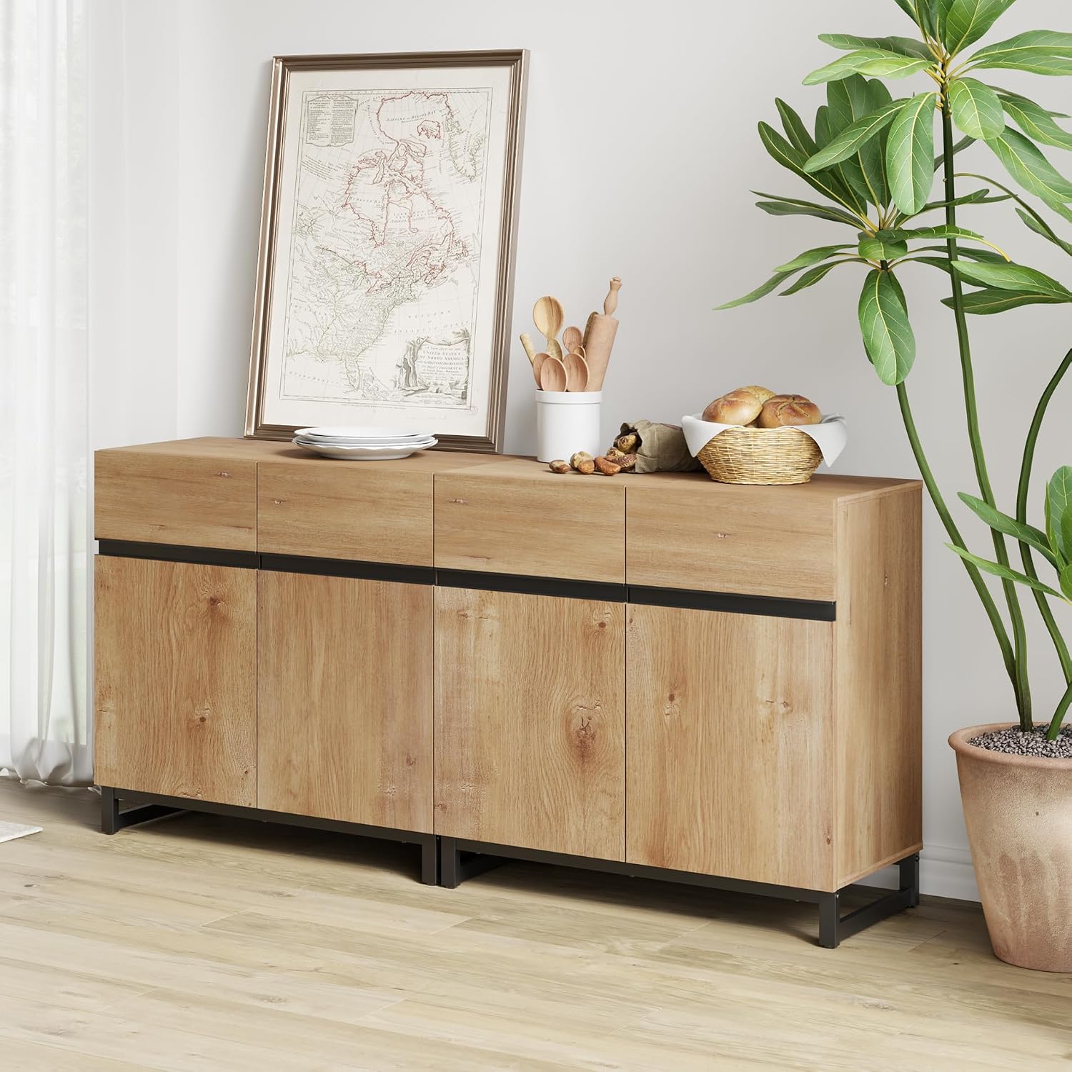WAMPAT Modern TV Stand for TVs Up to 70 Inch, 2-in-1 Entertainment Center with Adjustable Shelves & Metal Base, Media Console for Living Room or Bedroom, Oak