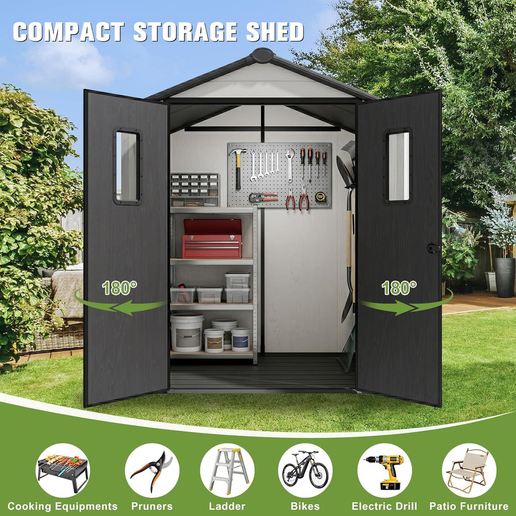 COOS BAY 6x4 Outdoor Storage Shed with Floor, Lockable Doors, All-Weather Resin Garden Tool Shed, White/Gray