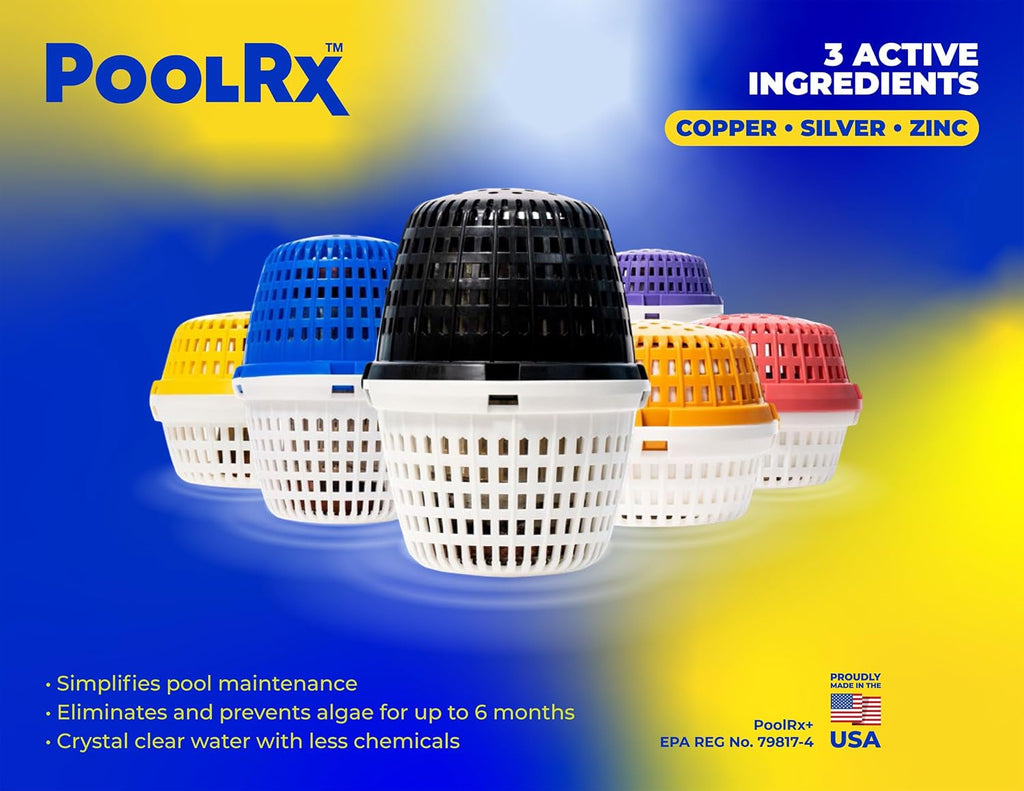 PoolRx+ Mineral Algaecide 4-Unit Pack, up to 6-Month Algae Control, for 2.5K-5K gallons, Red & White, New Formula with Silver.