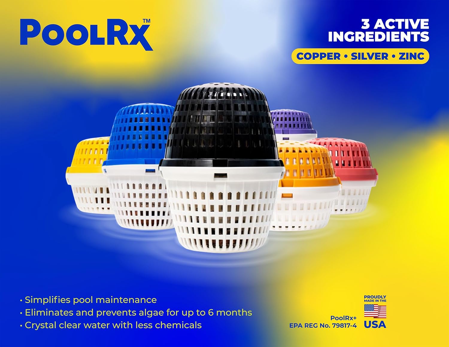 PoolRx+ Mineral Algaecide 4-Unit Pack, up to 6-Month Algae Control, for 2.5K-5K gallons, Red & White, New Formula with Silver.
