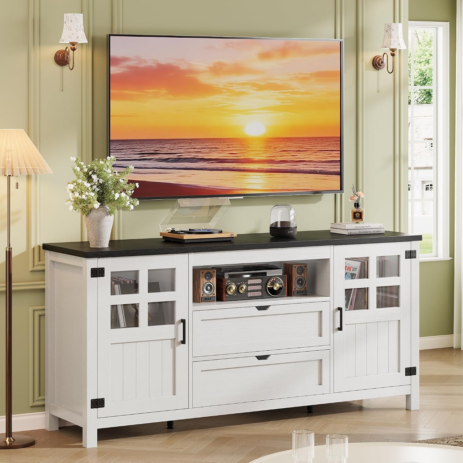 Farmhouse TV Stand for 65 70 75 Inch TVs, Entertainment Center with Adjustable Shelves, 2 Barn Doors and Drawers, Storage Media Cabinet for Living Room or Bedroom-White