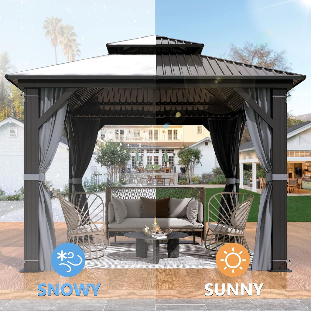 10'x10' Hardtop Gazebo, Heavy Duty Double Roof Galvanized Aluminum gazebos with Netting & Curtain, Outdoor Patio Gazebo for Patio, Backyard, Deck, Lawn (10x10 FT)
