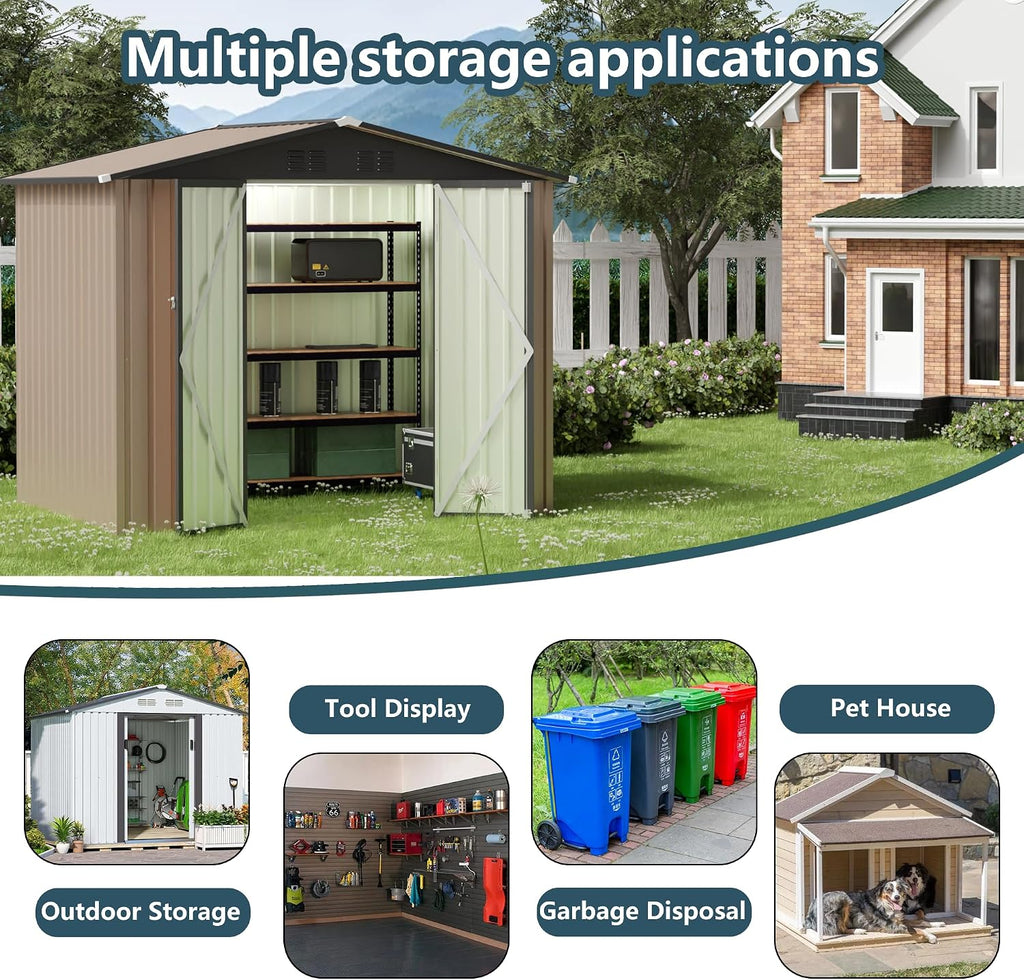 8x6 FT Outdoor Storage Shed, Galvanized Tool Shed, Metal Garden Shed with Apex Roof & Lockable Door & 2 Gloves, Waterproof Rust-Resistant for Backyard Garden Lawn Patio, Brown
