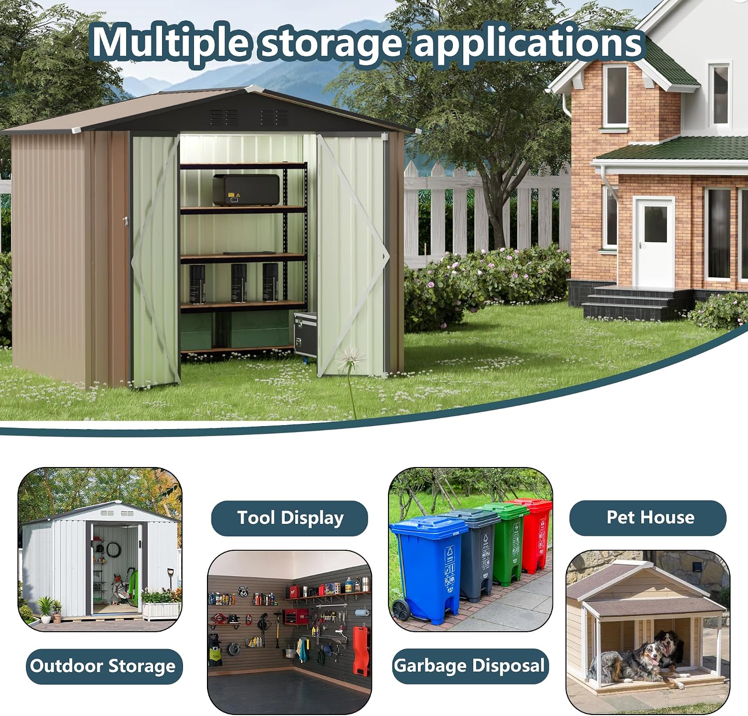 8x6 FT Outdoor Storage Shed, Galvanized Tool Shed, Metal Garden Shed with Apex Roof & Lockable Door & 2 Gloves, Waterproof Rust-Resistant for Backyard Garden Lawn Patio, Brown