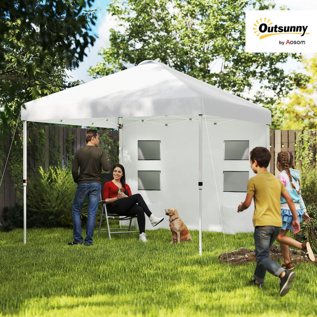 Outsunny 10' x 10' Pop Up Canopy Tent with Sidewall, UPF50+ Instant Sun Shelter with Storage Pockets, Vented Roof for Parties, Height Adjustable, Carry Bag, Sand Bags for Outdoor Patio, White