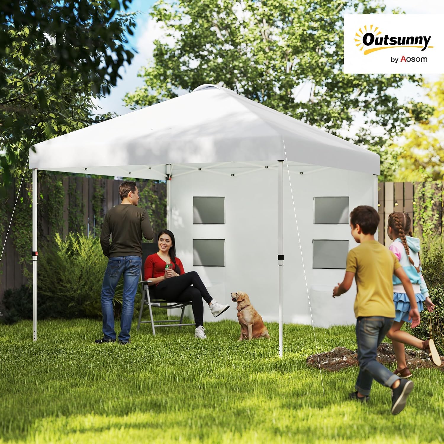 Outsunny 10' x 10' Pop Up Canopy Tent with Sidewall, UPF50+ Instant Sun Shelter with Storage Pockets, Vented Roof for Parties, Height Adjustable, Carry Bag, Sand Bags for Outdoor Patio, White