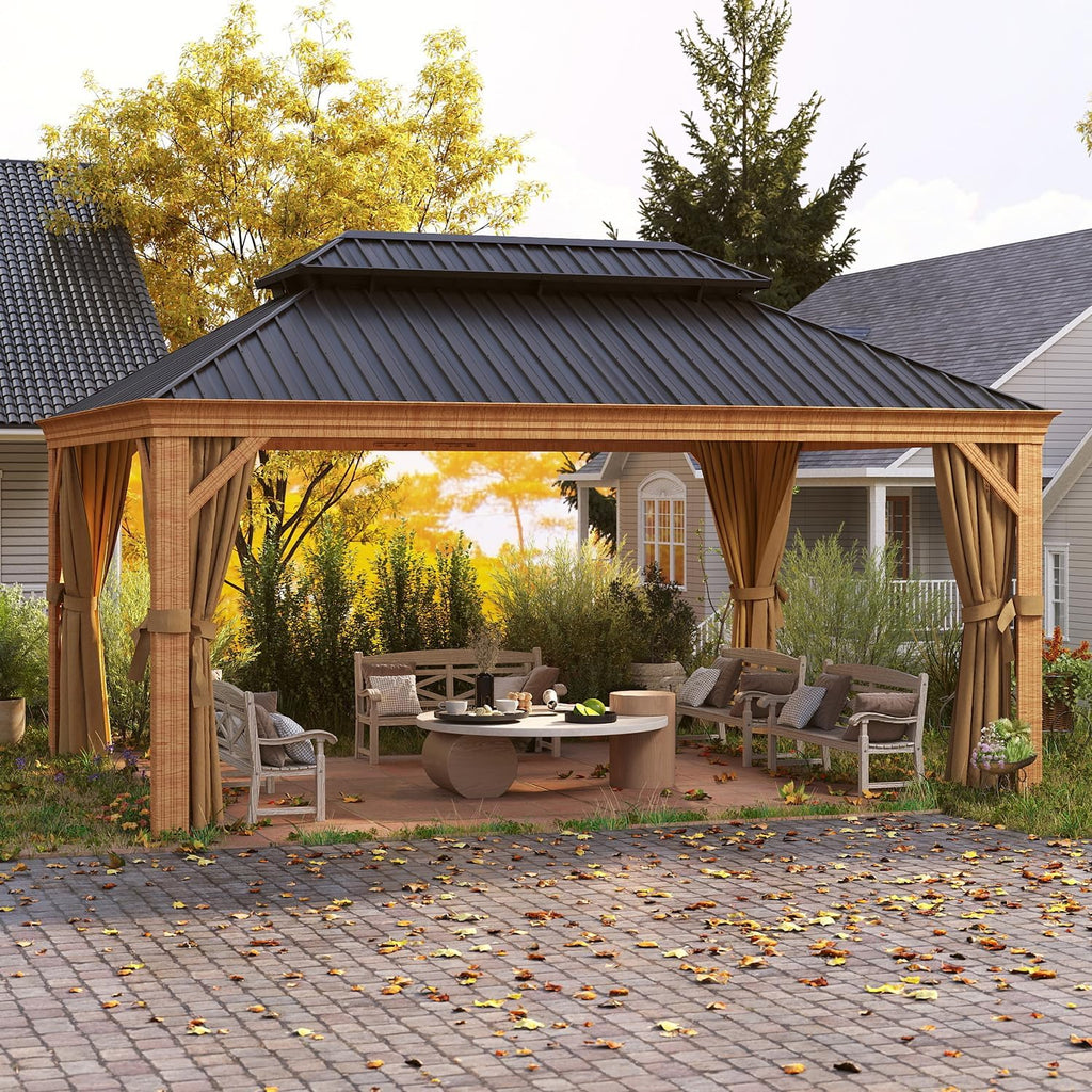 12' x 16' Hardtop Gazebo, Double Galvanized Steel Roof, Permanent Aluminum Pavilion with Privacy Curtains and Mosquito Netting, Durable Outdoor Metal Gazebo for Parties, Gardens and Lawns