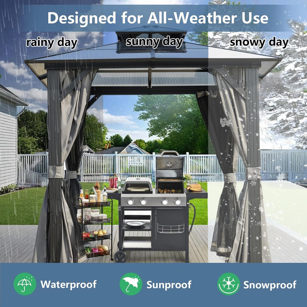 8x5 Hardtop Grill Gazebo, Vented Double Roof Polycarbonate BBQ Canopy for Outdoor Patio, Anti-UV Waterproof Shelter with Side Shelves & Hooks, Heavy Duty Steel Frame (8x8)