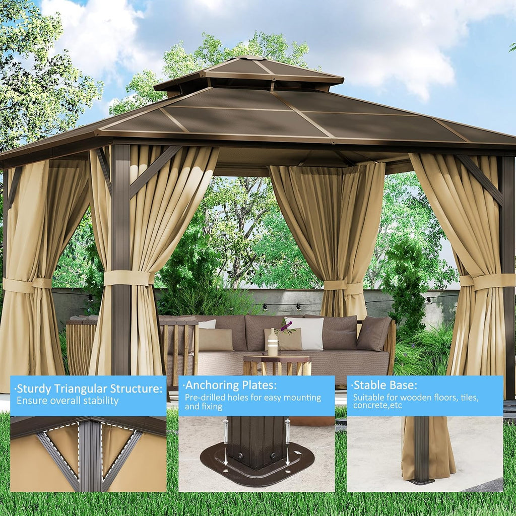 12×12FT Brown Double Roof Polycarbonate Gazebo, Sturdy Outdoor Patio Shelter with Shade for Garden, Backyard, and Patio