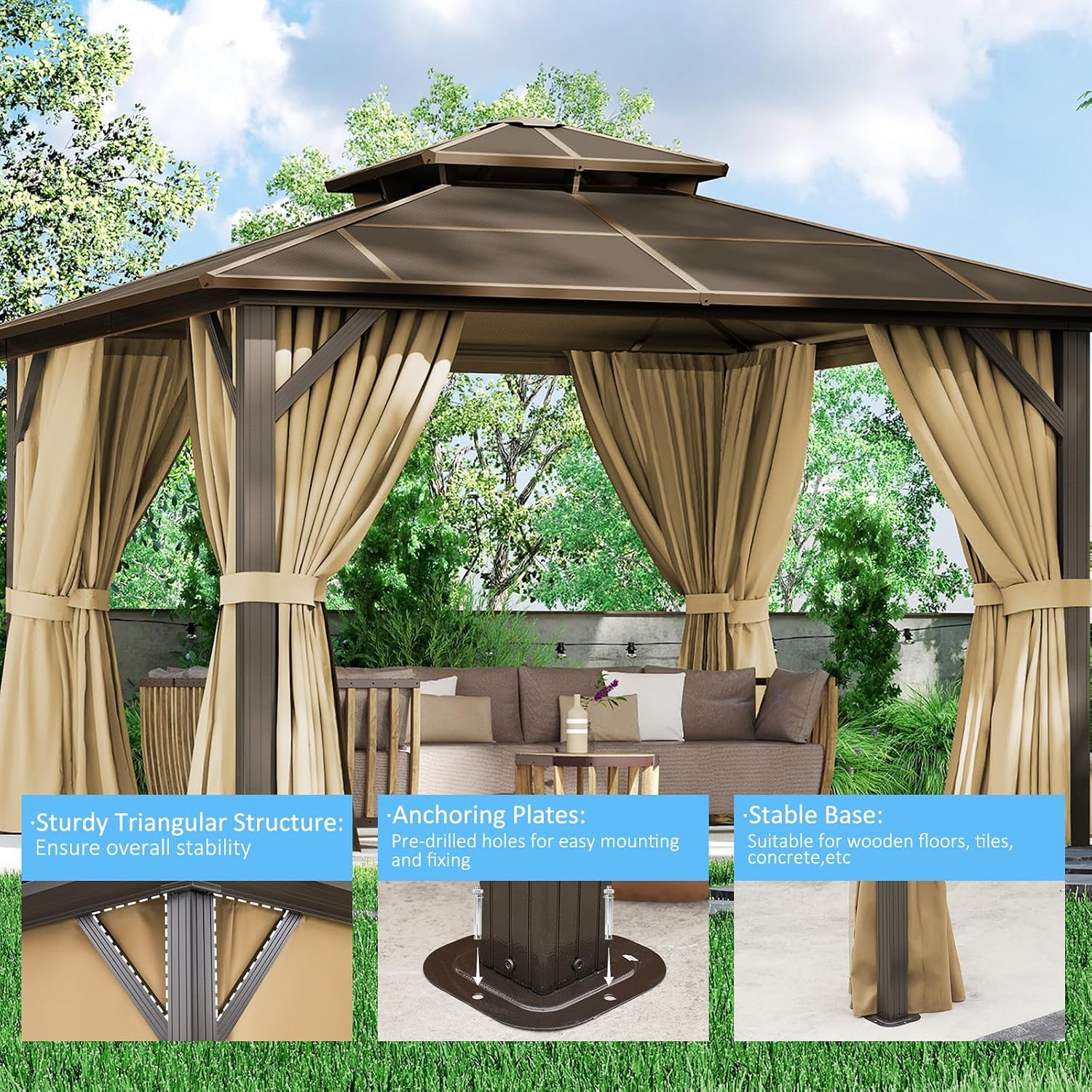 12×12FT Brown Double Roof Polycarbonate Gazebo, Sturdy Outdoor Patio Shelter with Shade for Garden, Backyard, and Patio