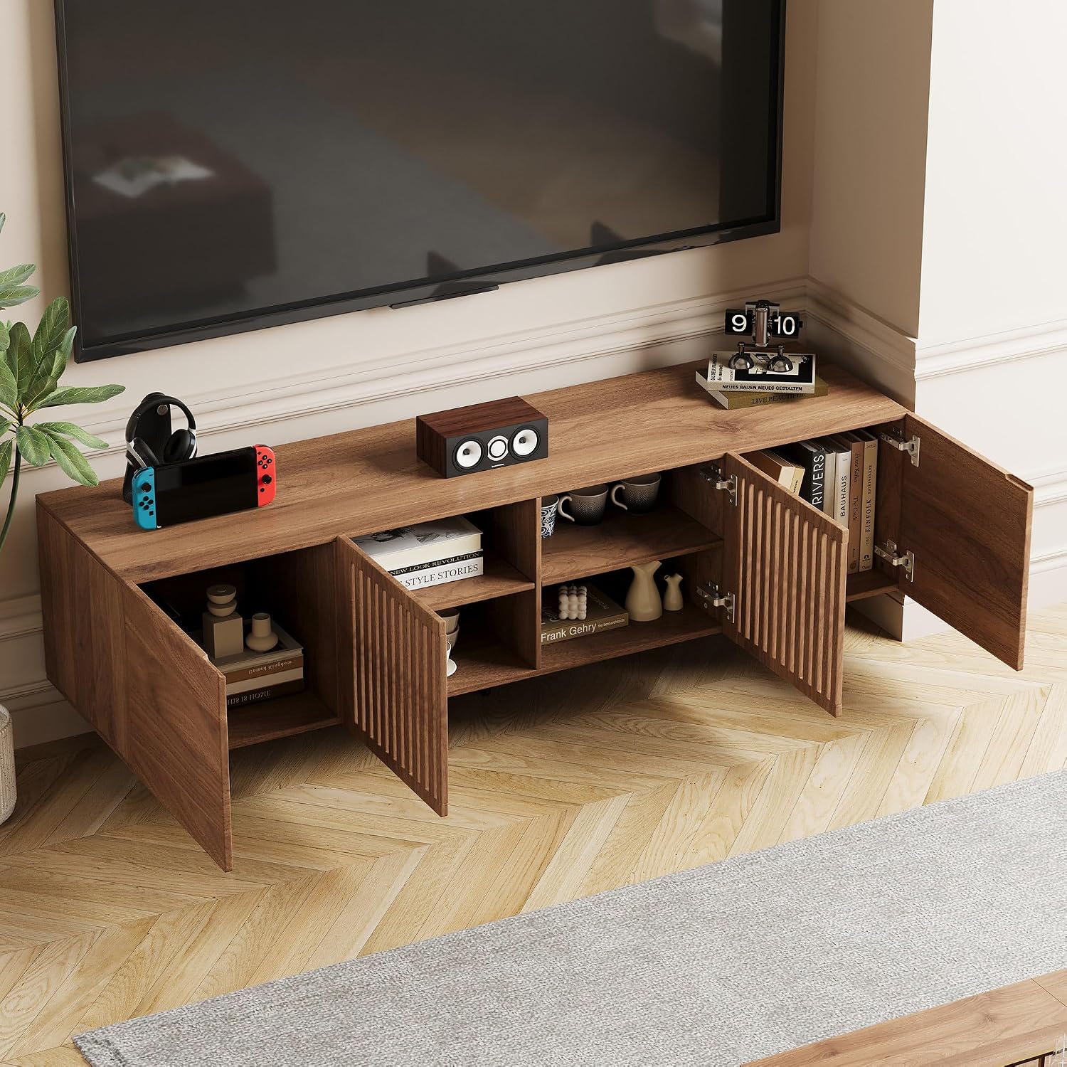 Mid Century Modern TV Stand for 70 Inch TVs, 70.87' Walnut Console with Ample Storage – Stylish Entertainment Center for Living Room or Bedroom