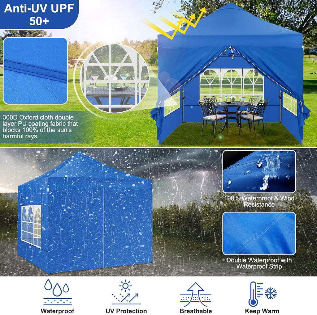 COBIZI 10x10 Heavy Duty Pop Up Canopy Tent with 4 Sidewalls Thicken Frame, Commercial Easy Up Outdoor Wedding Party Tents, All Season Waterproof Windproof with Stakes Sandbags Ropes Roller Bag, Uranus