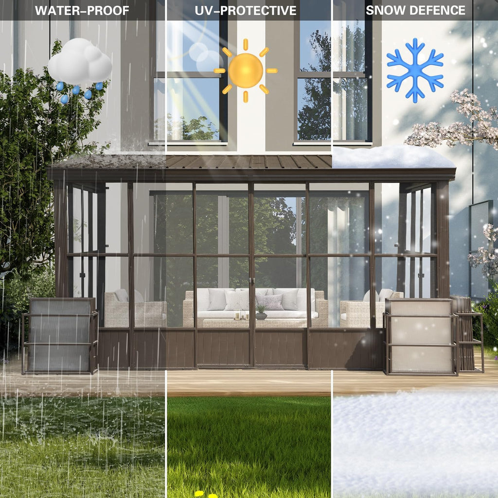 Domi 10x14FT Wall-Mounted Sunroom Gazebo, Aluminum Solarium with Galvanized Steel Sloping Roof, Detachable PVC Screens, Front & Side Sliding Doors, Outdoor Sun Room Lean to Gazebo for Patio Deck Lawn