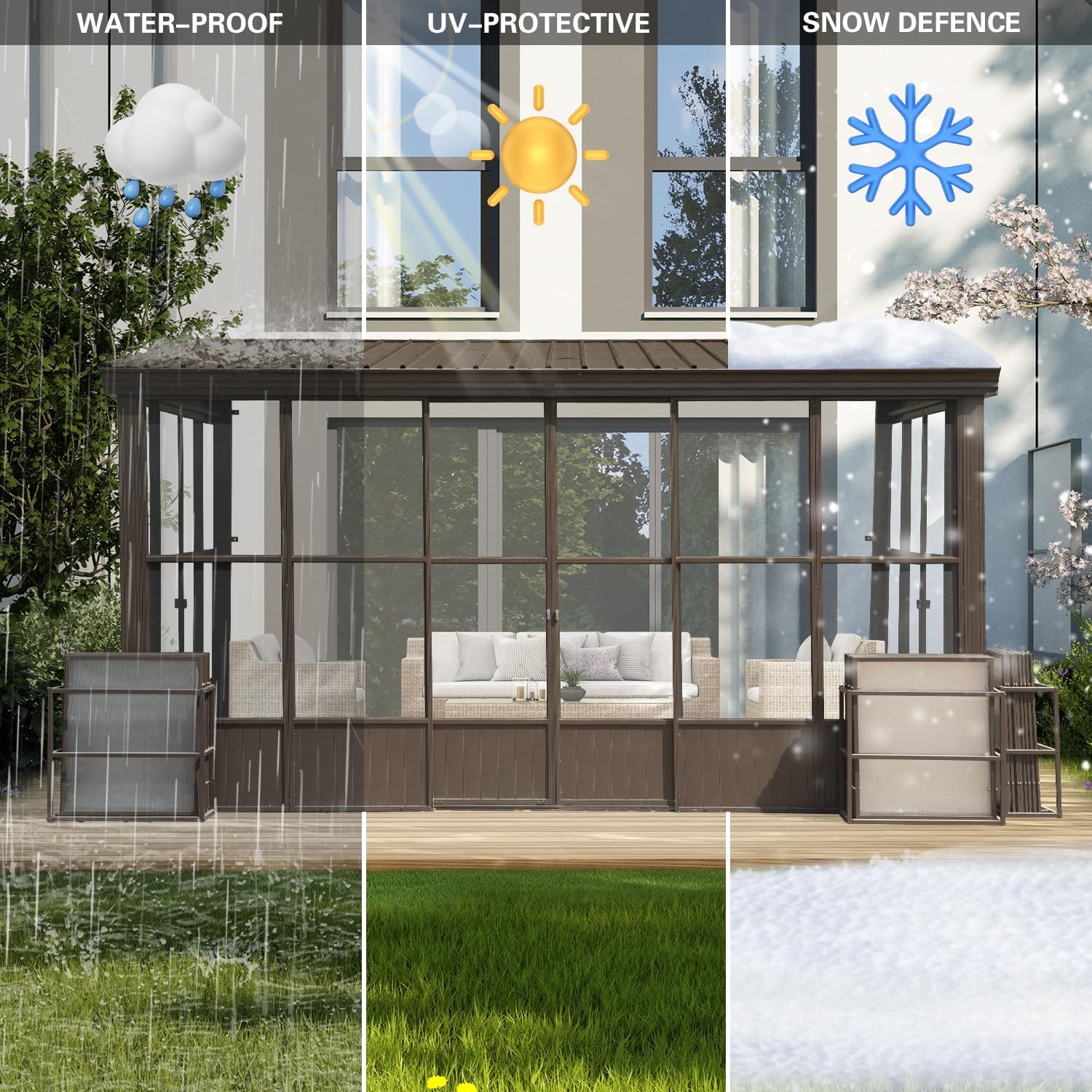 Domi 10x14FT Wall-Mounted Sunroom Gazebo, Aluminum Solarium with Galvanized Steel Sloping Roof, Detachable PVC Screens, Front & Side Sliding Doors, Outdoor Sun Room Lean to Gazebo for Patio Deck Lawn