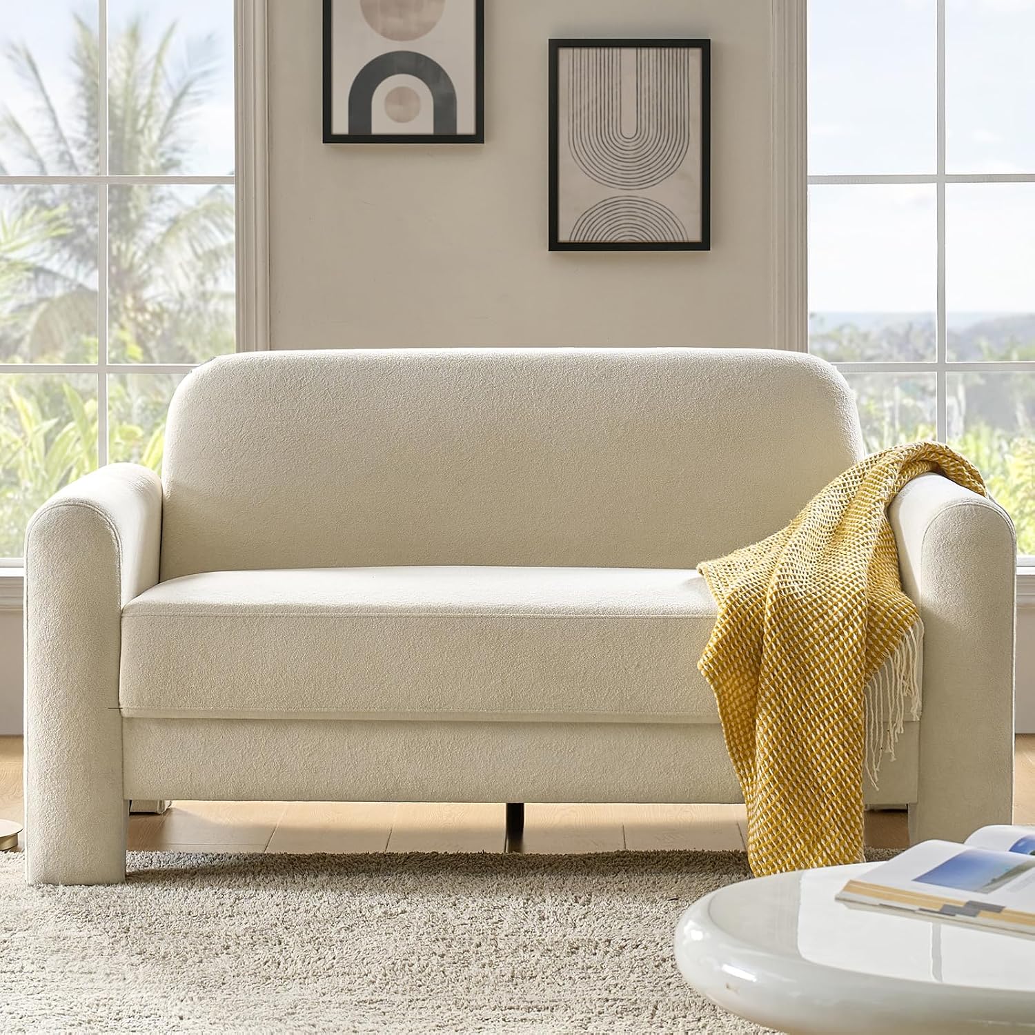 HULALA HOME 60' Modern Curved Loveseat Sofa, Comfy Chenille Couch Small Love Seat with Wrapped Armrests, 2 Seater Sofa for Living Room, Easy Assembly, Ivory