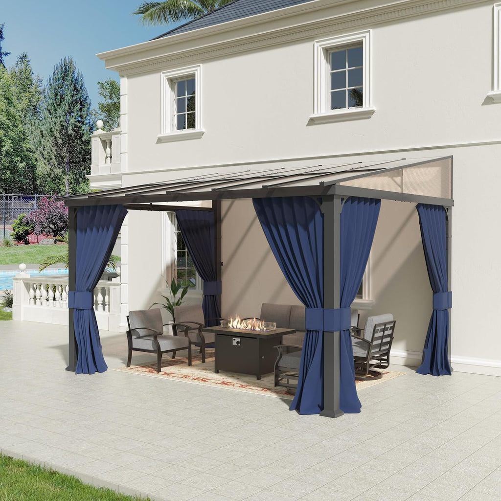 10' x 12' Gazebo,Wall Mounted Gazebo with Roof,Aluminum Frame Outdoor pelgole w/Netting & Curtain,Navyblue