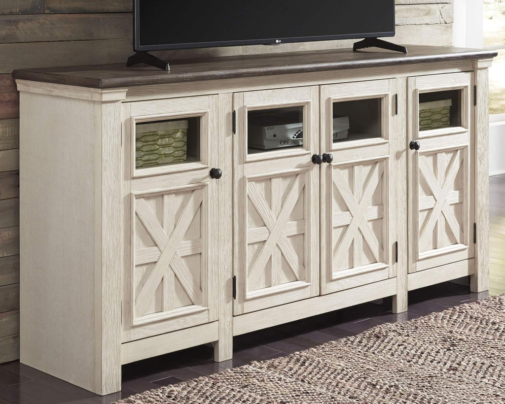 Signature Design by Ashley Bolanburg Extra Large TV Stand, Fits TVs up to 72', 3 Cabinets, Adjustable Storage Shelves, 74.13', Whitewash & 2-Tone Finish