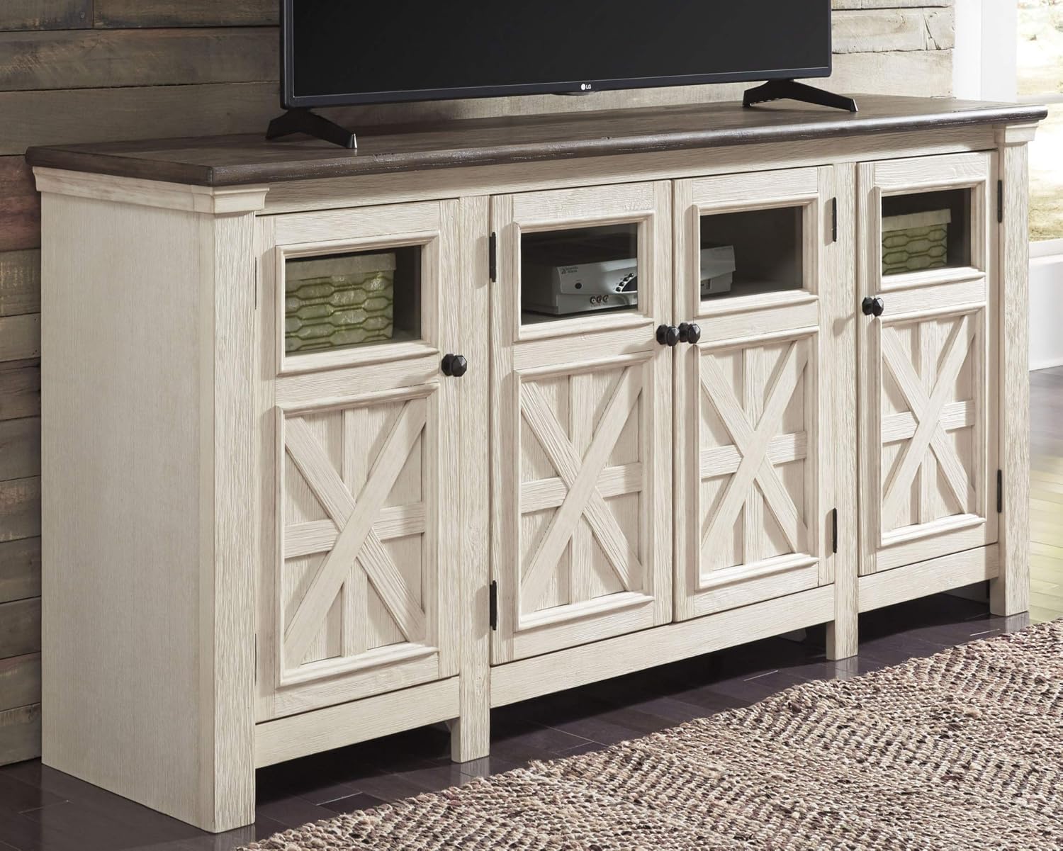 Signature Design by Ashley Bolanburg Extra Large TV Stand, Fits TVs up to 72', 3 Cabinets, Adjustable Storage Shelves, 74.13', Whitewash & 2-Tone Finish