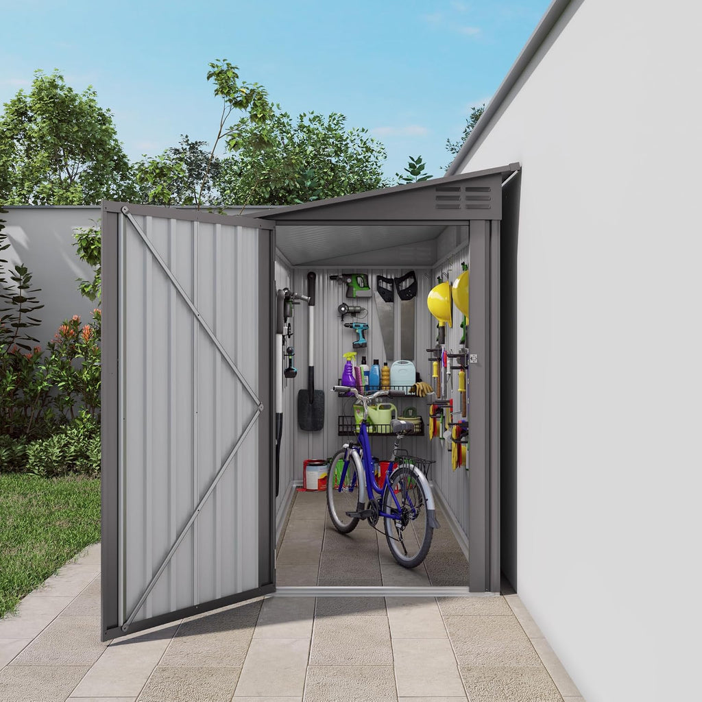 4 x 9 FT Tool Outdoor Storage Shed, Metal Storage Shed for Backyard Patio Garden,Sloped Roof Corner Fit, Side Swing Door, 2 Vents,Waterproof Backyard Garden Storage for Tools, Bikes, Sundries