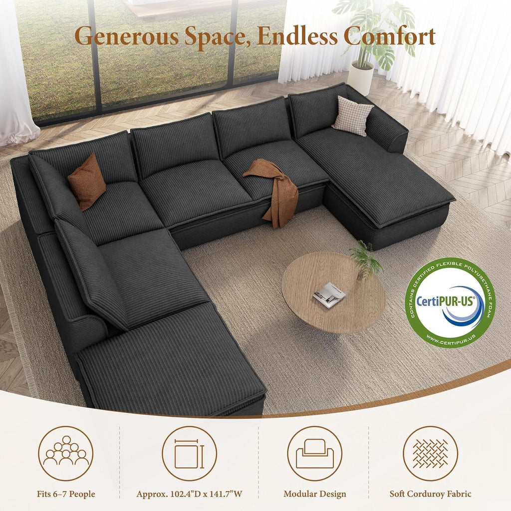 Vesgantti 141.7' Oversized Boneless Sectional Couch, Modern 7 Seater Modular Sofa with Chaise & Ottoman, Deep Seat Convertible Corduroy Cloud Couches for Living Room, No Assembly Required, Black