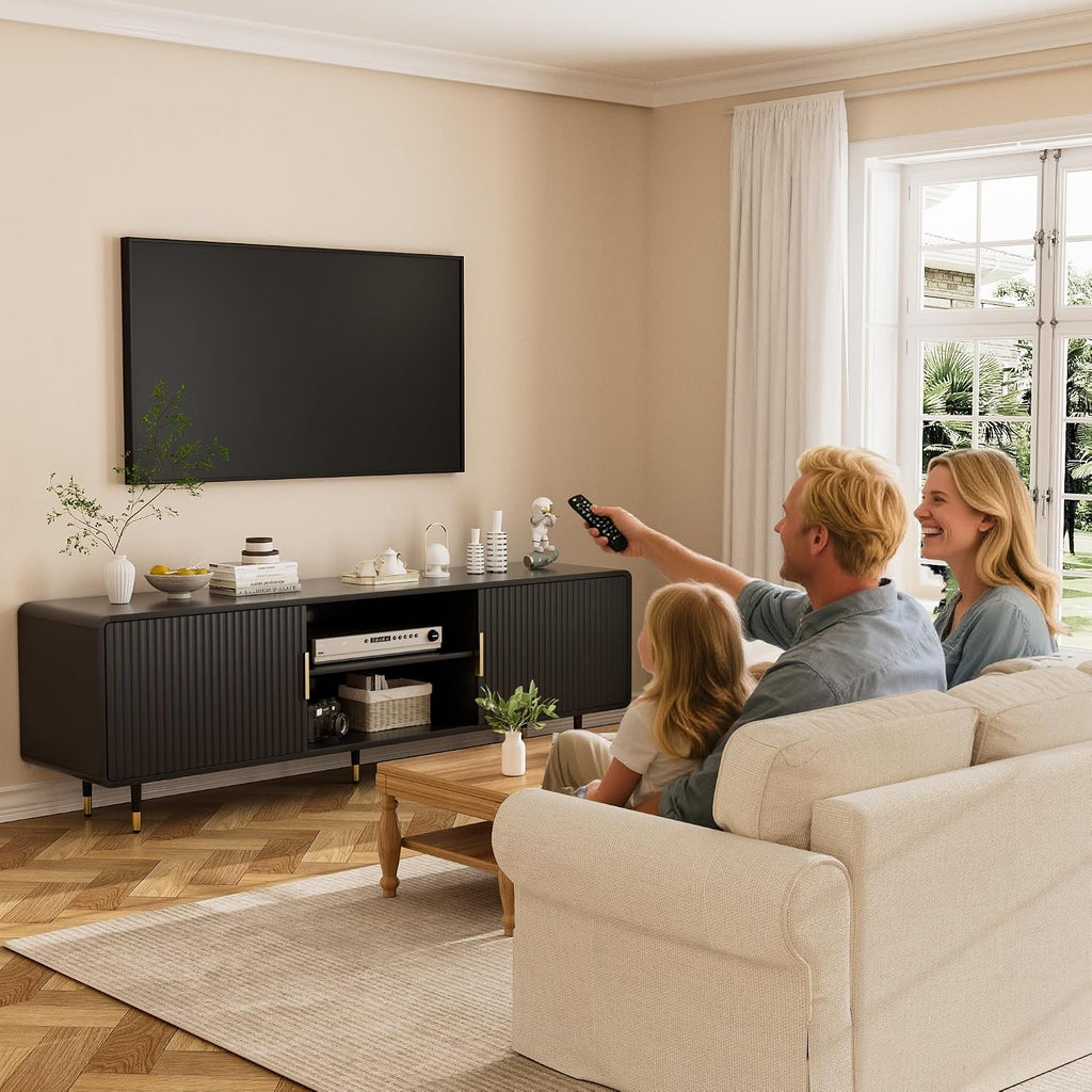 SYESWAY TV Stand for 65 Inch TV, Fluted TV Stand with Curved Profile, Modern Entertainment Center TV Console Table with Sliding Doors & Adjustable Shelves, TV Stands for Living Room Bedroom, Black