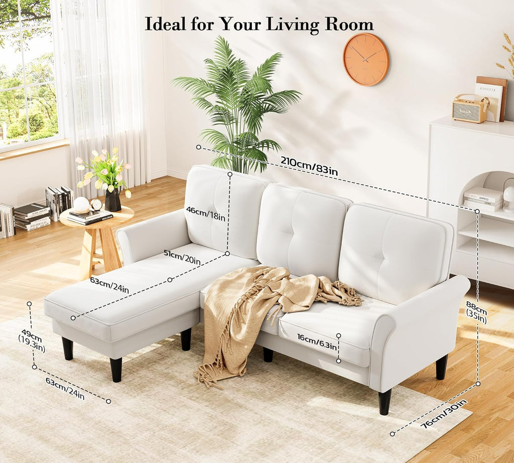Kidirect 83' Sectional Couch, Velvet L-Shaped Couch 3 Seater Sectional Couches for Living Room, Comfy Fluffy Deep Seat Loveseat, Modular Sectional Sofa with Ottoman for Apartment Office, White Couch