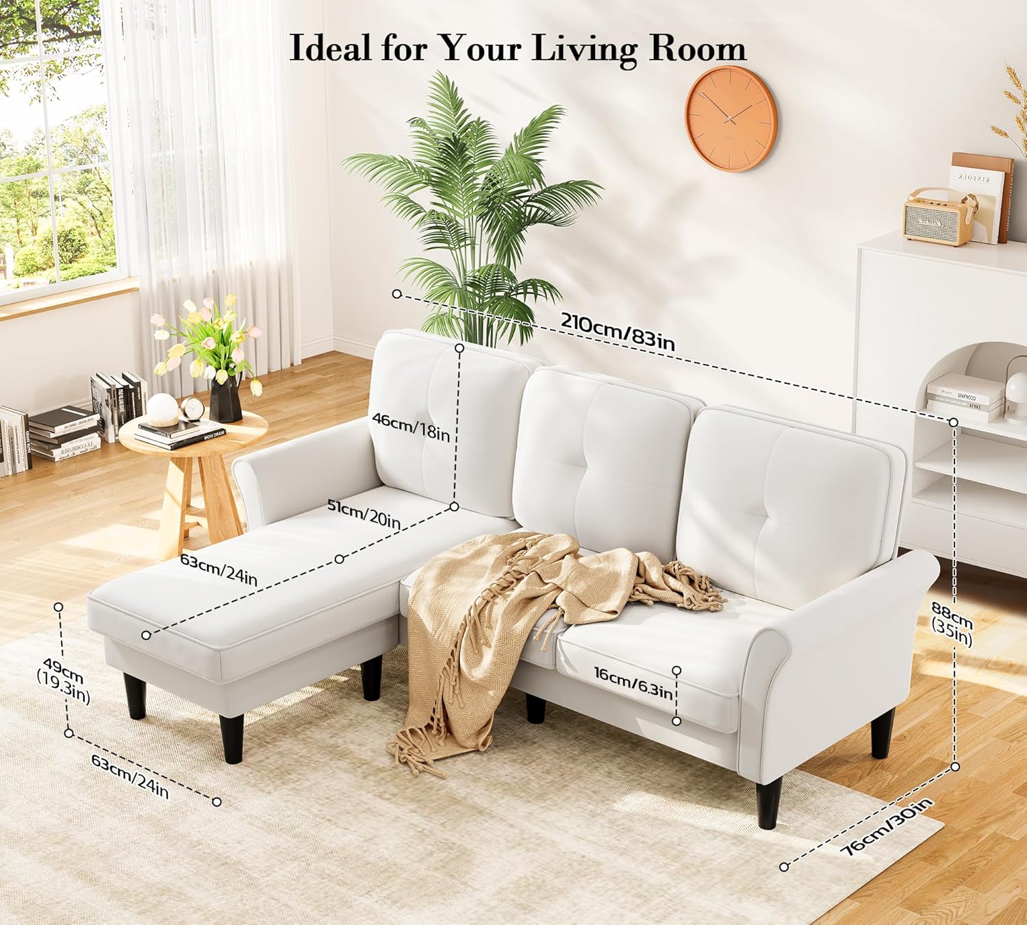 Kidirect 83' Sectional Couch, Velvet L-Shaped Couch 3 Seater Sectional Couches for Living Room, Comfy Fluffy Deep Seat Loveseat, Modular Sectional Sofa with Ottoman for Apartment Office, White Couch