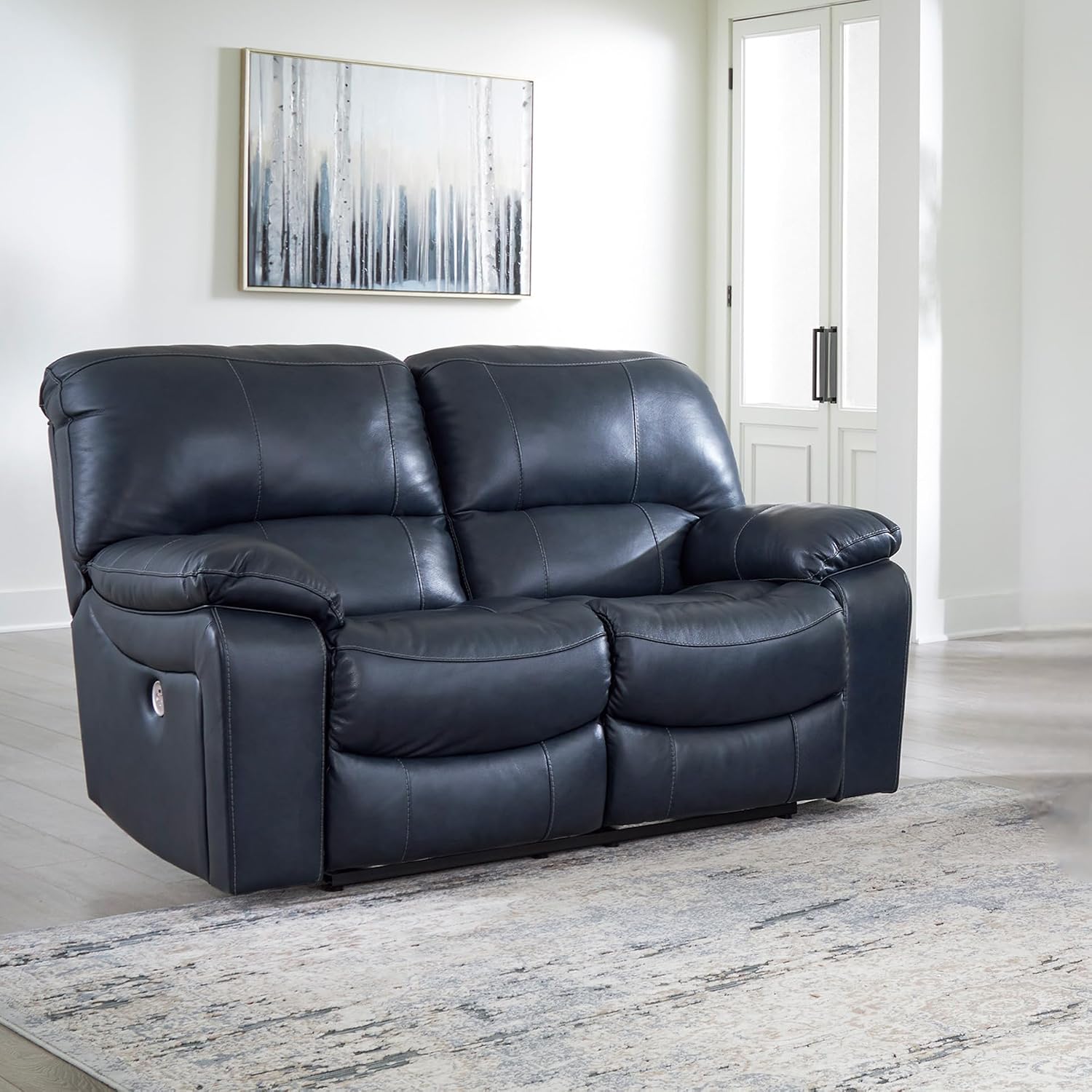 Signature Design by Ashley Leesworth Contemporary Power Reclining Loveseat with One-Touch Control and USB Charging Ports, Leather, 20' Seat Height, Blue