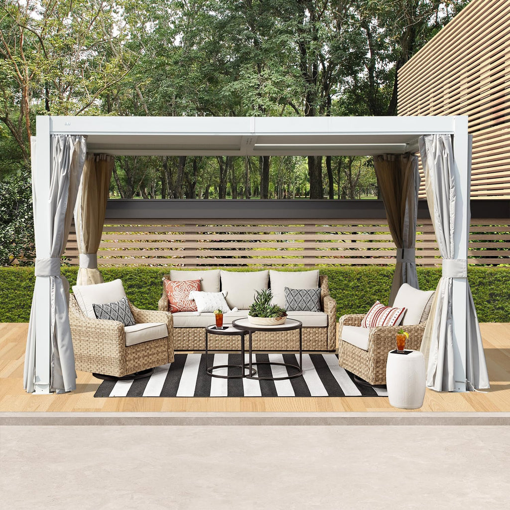 Domi 10' X 12' Louvered Pergola, Metal Aluminum Pergola with Adjustable Roof, Outdoor Pergolas with Curtain, Modern Retractable Hardtop Gazebo for Patio Deck Backyard Garden, White