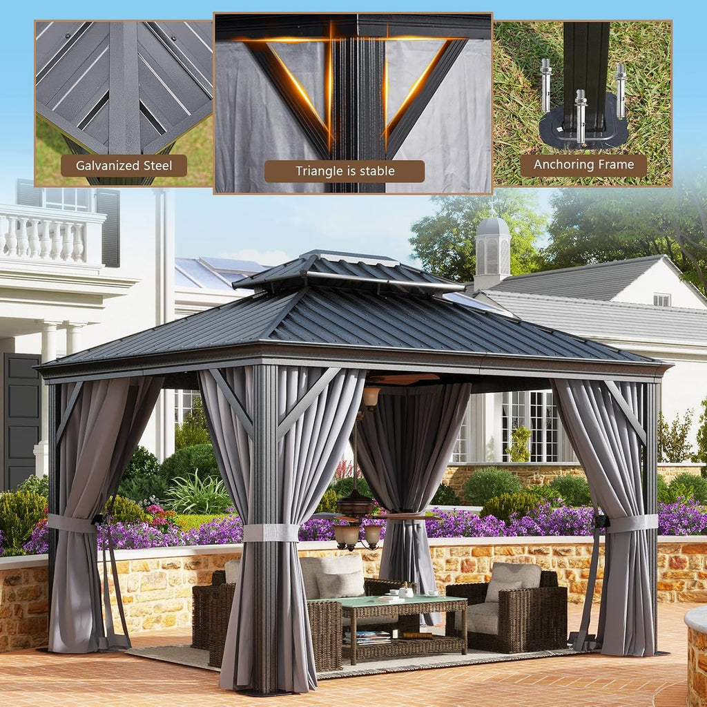 oneinmil 10' x 12' Hardtop Gazebo, Galvanized Steel Double Roof, Aluminum Frame Outdoor Metal Gazebo with Privacy Curtains and Mosquito Netting, for Gardens, Patios, and Lawns