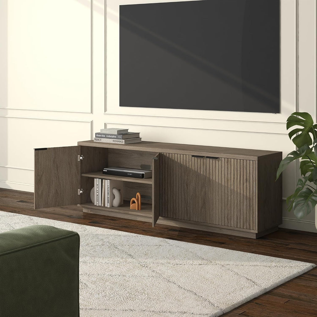 Henn&Hart Fluted TV Stand for TVs up to 78' with 2 Ribbed Storage Cabinets and Adjustable Shelves for Living Room, Family Room, or Office, Weathered Gray