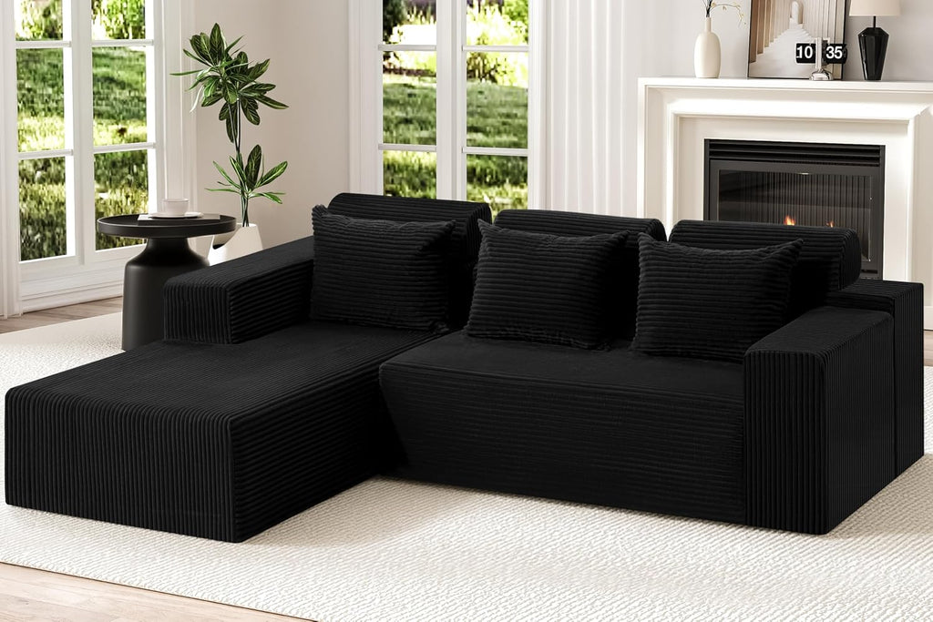 Homguava Modular Sectional Couches for Living Room,105' Cloud Couch with L-Shape Chaise,Comfy Sofa Living Room Sofas with Deep Seat,No Assembly L Couch,Corduroy Fabric(Black,L)