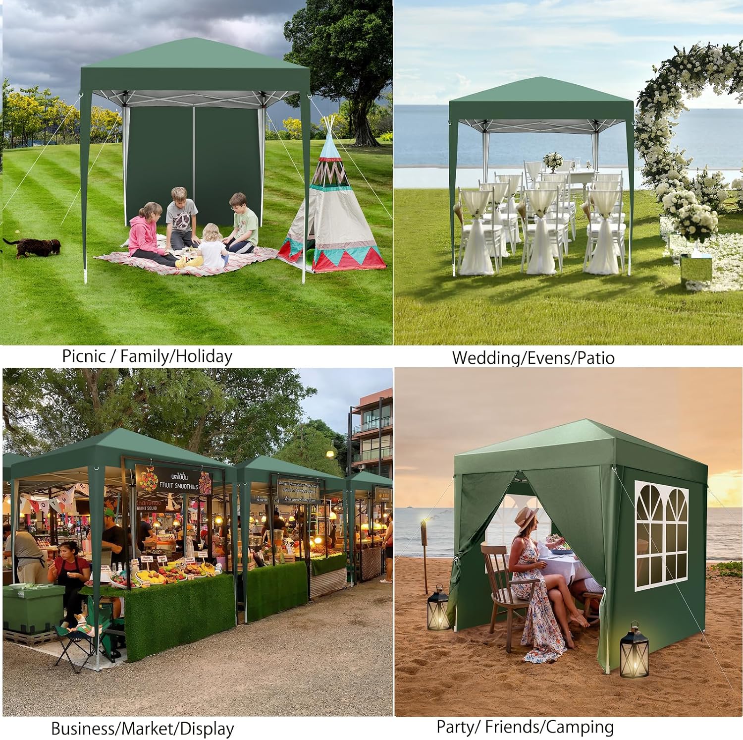 6.5x6.5 Pop Up Canopy with Sidewalls,3 Height Adjustable Gazebo Tent with Carrying Bag, 8 Stakes & 4 Ropes, Easy Up Canopy for Events,Party, Wedding (6.5x6.5FT Green with 4Sidewalls)