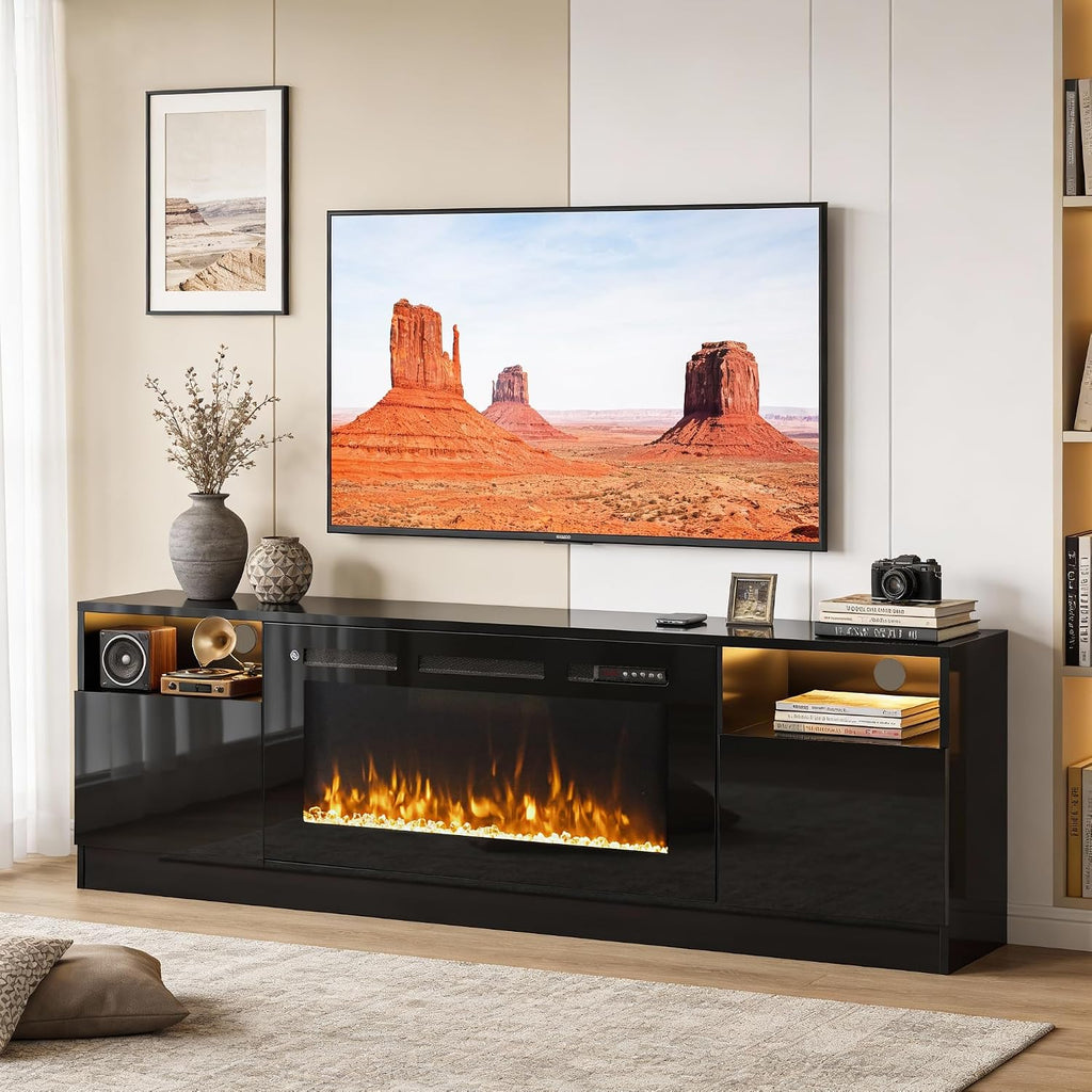 70' Fireplace TV Stand with 36' Electric Fireplace, LED Light Entertainment Center for TVs Up to 80', High-Gloss Door, Modern TV Console for Living Room with Storage Cabinet, Black+Black