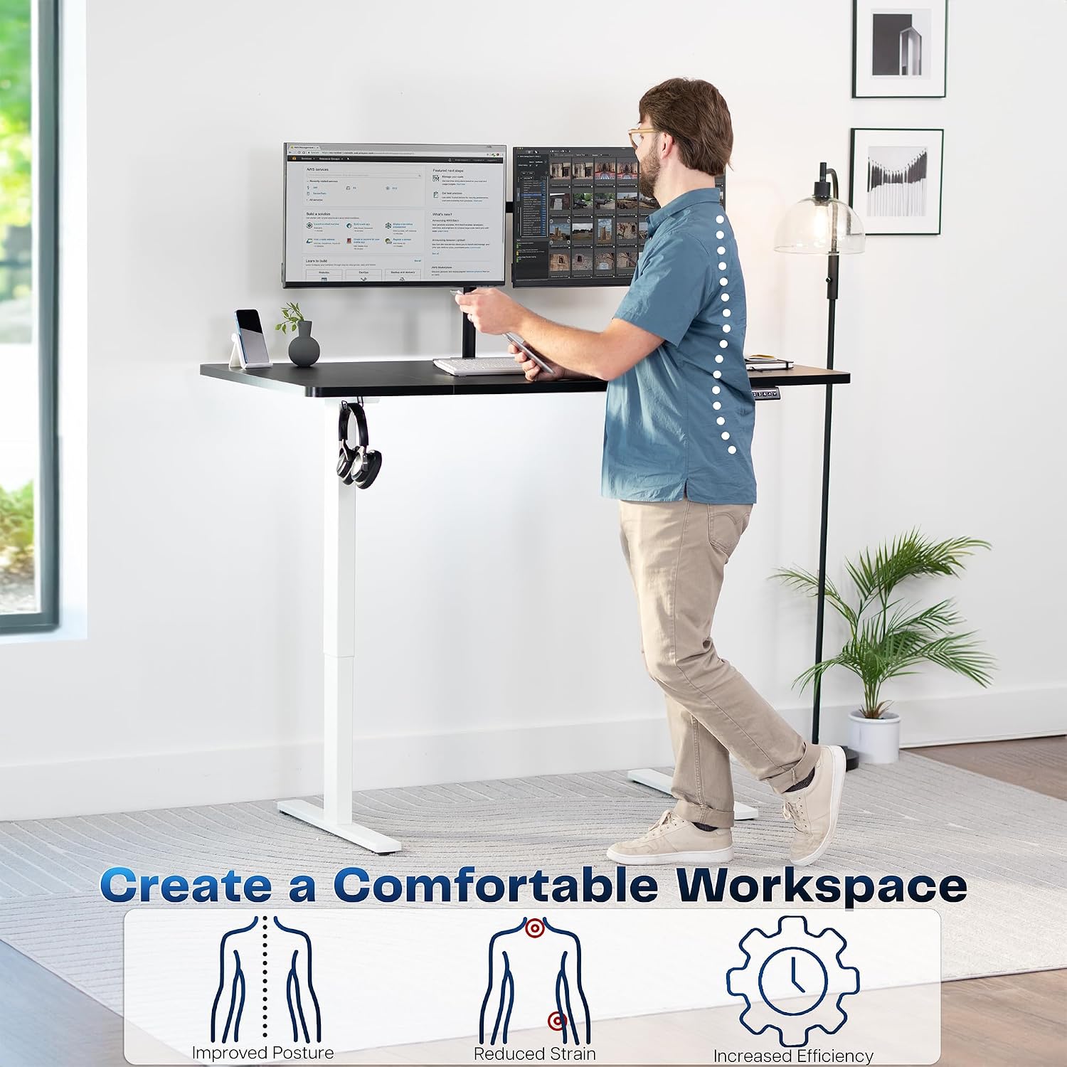 VIVO Electric 60 x 30 in Standing Desk, Memory Height Adjustment, 1B Series, Holds 220 lbs, Black Top White Frame, DESK-KIT-1W6B-30
