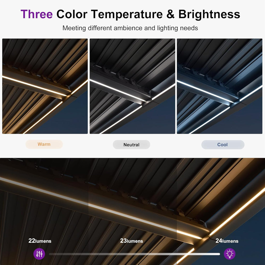 PURPLE LEAF Louvered Pergola 92KS 10' x 14' with Integrated LED Strip Lights Aluminum Outdoor Pergola with Adjustable Louvered Roof for Patio Deck Garden Yard Gray