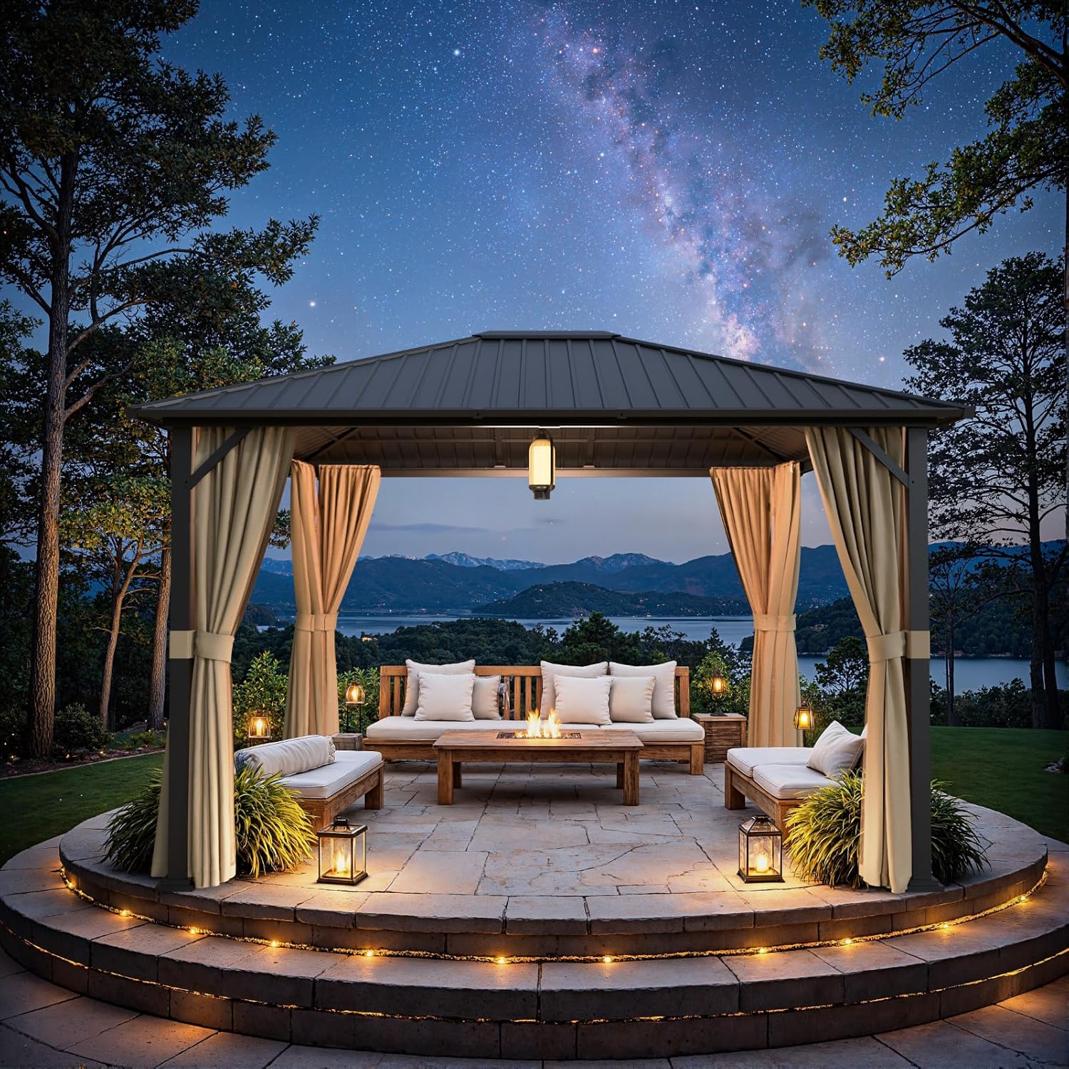 10x12 Hardtop Gazebos, Heavy Duty Outdoor Gazebo with Powder-Coated Iron Frame, Galvanized Steel Roof & Mosquito Netting, Permanent Pavilion Gazebo for Backyards & Patios