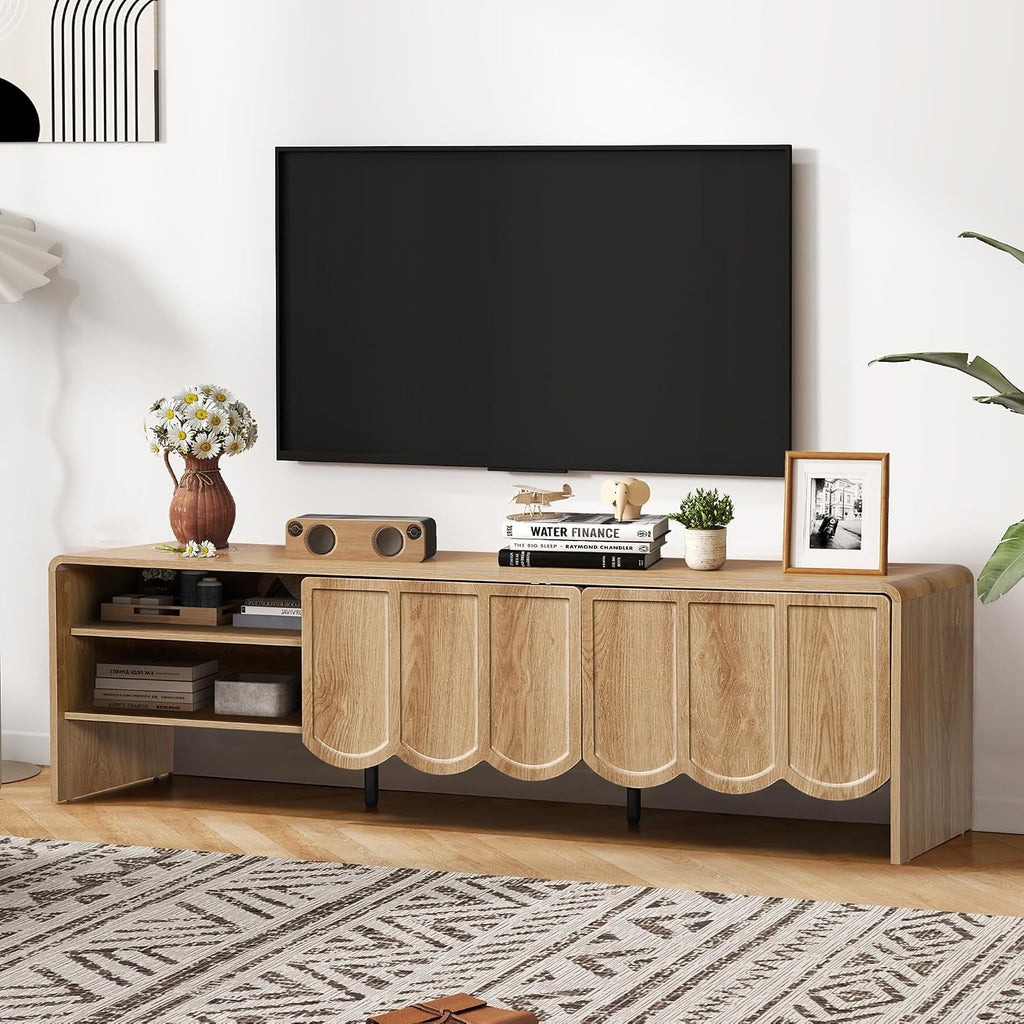 ORRD 63'' TV Stand, Modern TV Console Table Wave Panel Television Stands Entertainment Media Center with Storage Compartment and Sliding Door for Living Room (Natural)