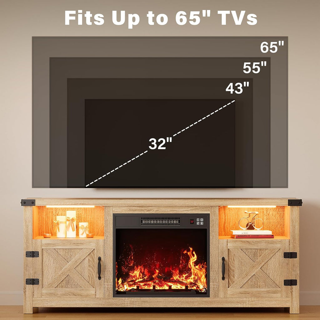 YESHOMY LED Fireplace TV Stand with Mood Lighting, TV Cabinet with Open Shelf, Farmhouse Media Console with Hidden Cable Routing, Entertainment Center for Televisions up to 65+ Inch, Natural Oak